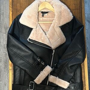 H&M Black Faux Leather Jacket with Faux Fur